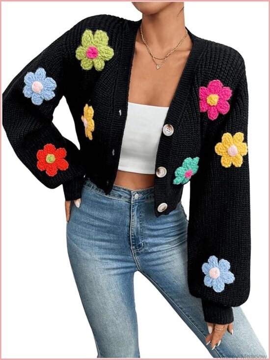 Sweaters - Women's Button Down V Neck Cropped Knitted Lantern Sleeve Cardigan Sweater